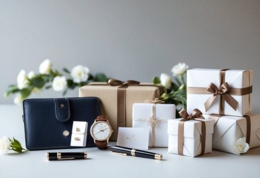 Professionel illustration af bryllupsgaver til mænd, præsenteret på en elegant og indbydende måde.